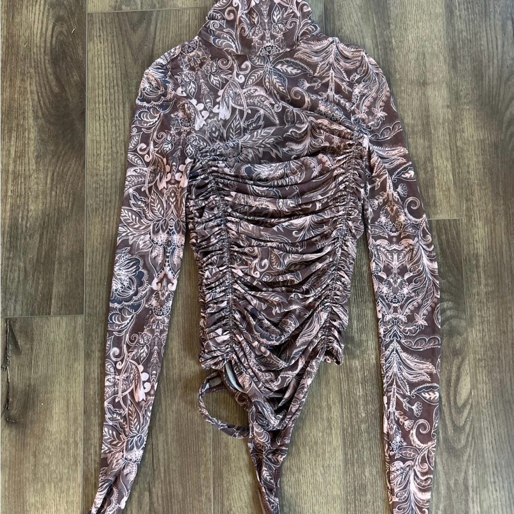Anthropologie Brown Floral Ruched Long Sleeve Bodysuit